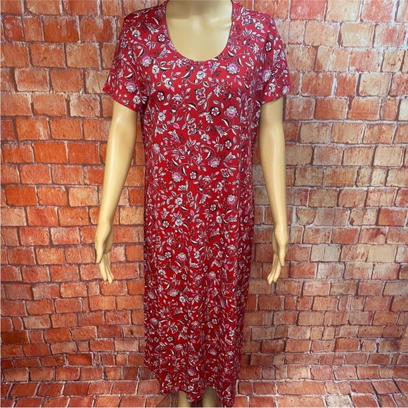 Lands' End Red and White Floral Scoop Neck Tee Shirt Dress - Picture 1 of 7